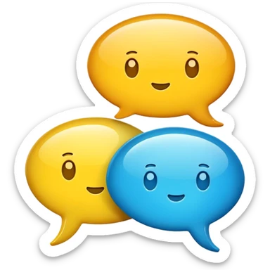 Create an emoji-style icon with two overlapping chat bubbles and a small phone or info symbol, representing ‘Contact Us’. Cute, colorful, rounded design sticker
