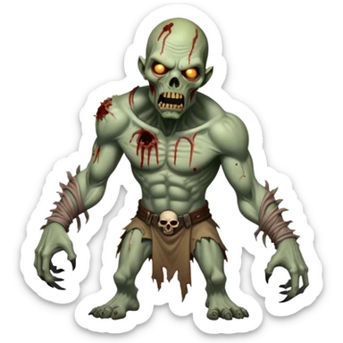 Cinematic Realistic WoW undead friendly zombie Portrait, captured in a fierce, battle-ready stance, muscles taut beneath his tattered, earth-toned attire. His decayed, pallid skin and glowing eyes are rendered with intense lifelike detail and dynamic lighting, high shine, embodying the raw, relentless fury of an undead friendly zombie in the heat of combat. sticker