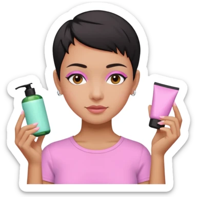 tan girl with no makeup pink shirt with black hair & a pixie, cut no earrings, doing pastel colors skin care sticker