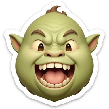 Cinematic Cute Yawning Ogre Portrait Emoji, with a surprisingly cuddly, rotund figure in soft earthy greens and browns, head tilted back in a big, gentle yawn exposing a set of comically oversized teeth, simplified yet irresistibly adorable, highly detailed with a soft glowing outline that captures the sleepy charm of a friendly ogre after a long day of gentle mischief! sticker