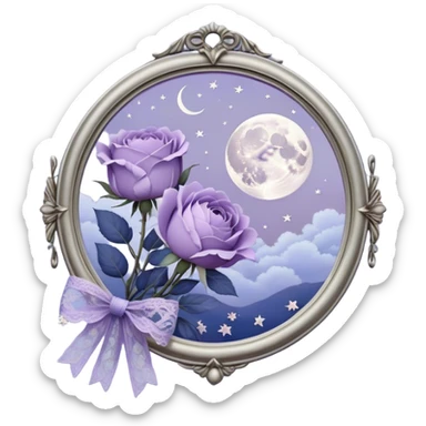 Under the soft light of a vintage brass lantern, a small bundle of lilac roses, indigo peonies, and delicate lavender sprigs is tied with a lace ribbon in a muted violet hue. Above, the sky is scattered with tiny silver stars, reflecting gently in the antique hand mirror with a moon-shaped handle beside the bouquet. sticker