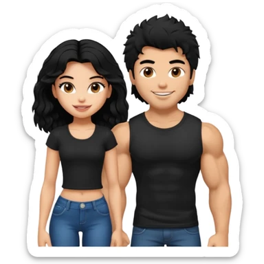 a pretty bratz guy with black hair with big muscles and shaggy hair in a tight black tee smiling standing with a girl sticker