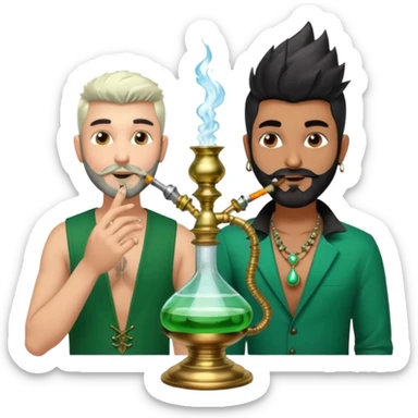 Brass hookah with green design on a glass water base on the top; with two smoke pipes where people are holding them and smoking - one white guy with spikes (silver and black hair) and another Tamil handsome with little beard Indian guy sticker