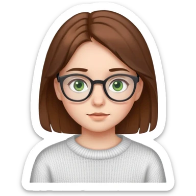 a girl of about 14 years old in a white sweater with brown hair, gray-green eyes and glasses sticker