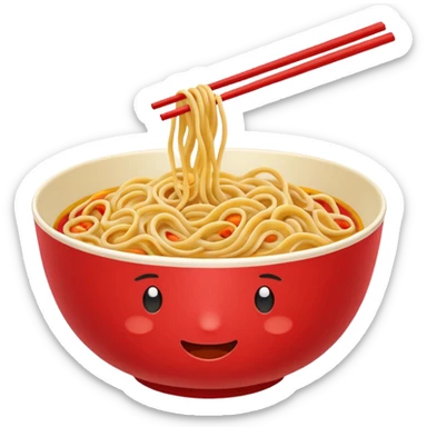 Chinese cuisine humanless avatar in bright emoji-style illustration. Noodles bowl, red and gold colors, simple shapes, flat design, bold and energetic. sticker