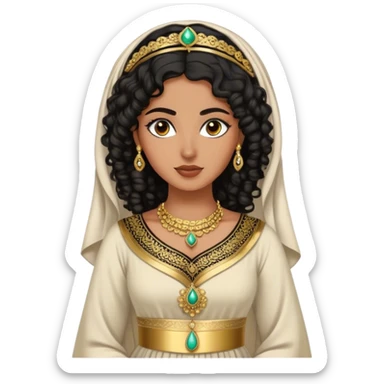 Godly beautiful Palestinian woman , with curly hair and defined eyeliner, and traditional thoob dress, gold accessories  sticker