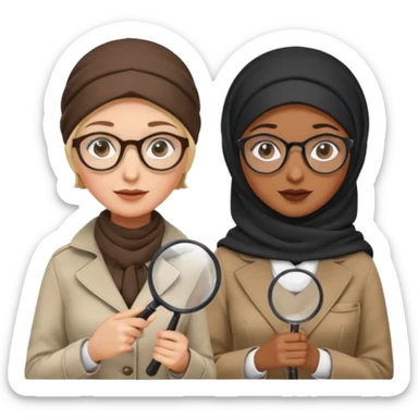 one white woman with hijab and glasses detective + one black woman without hijab and glasses detective  hand lens in one hand, hat etc sticker