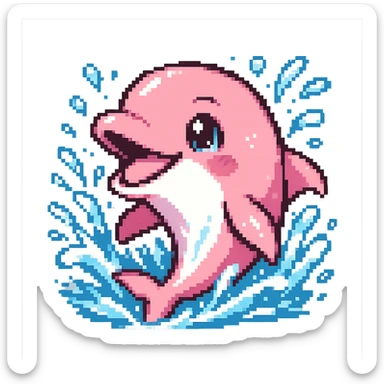 smiling pink dolphin gliding through water, energetic splash, anime style, transparent background, 128x128 pixels sticker