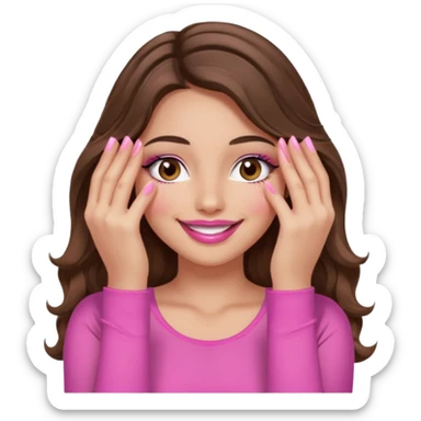 girl with long wavy brown hair, brown eyes, long lashes, sexy pink lips, light to medium complexion, wearing a pink sexy top, smiling, hands covering over the eyes sticker