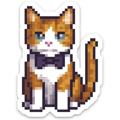 A pixel art cat with a bow tie, no background. sticker