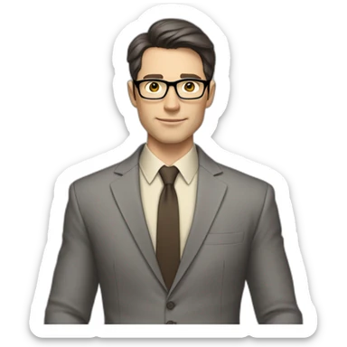 Full height Pale skinned Fit Man With dark brown hair in classic gray suit, beige office shirt, dark gray tie, and vintage glasses. His hands lock sticker