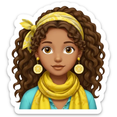 bohemian girl, brown skin, long curly brown hair in a ponytail, lemon yellow scarf, round earrings, free-spirited sticker