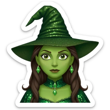 Elphaba, Wicked Witch of the West from The Wizard of Oz with long brown hair, dark green sequin outfit, green skin sticker