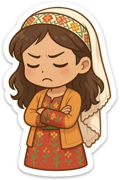 Kurdish woman in traditional dress jamadani, upset mood, cartoon style, arms crossed or looking down, frowning, no text sticker