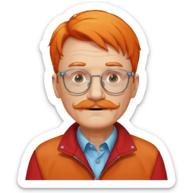old man, orange hair, white mustache, wearing glasses, wearing a red jacket sticker
