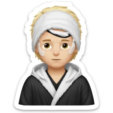 Create a blond boy with long, messy hair, light eyes, a white t-shirt, rich, with long hair, blue eyes, medium-length, voluminous hair, wearing a black Nike bathrobe and a little blush near his nose. and with a  balaclava, but showing her hair. sticker