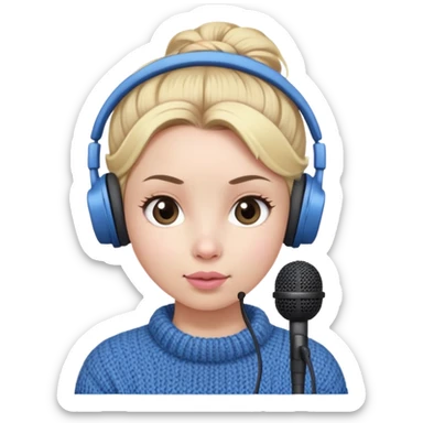 a cute face girl have bright white skin
and small and natural lips (kinda
pinkesh) with blue knitwear with a
blonde one hair bun and she is a
podcaster in her school. with recording
microphone in front of her not held and
a headphone in her head sticker