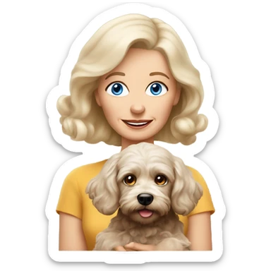 blue eyed old blonde lady with dark brown Cockapoo puppy dog sticker