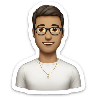 guy with clear glasses and earring in left ear, dark eyes, short brown hair with a fringe, large lips sticker