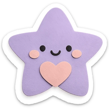 kawaii purple star holding tiny pastel heart, soft pastel palette, no arms or legs, full body, paper craft style sticker