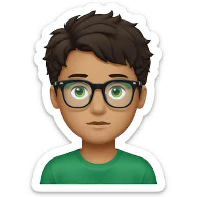 Garçon brun avec des cheveux ondulés courts, peu un peu claire, des yeux verts foncés, un t shirt noir et des lunettes rectangulaires transparentes sticker