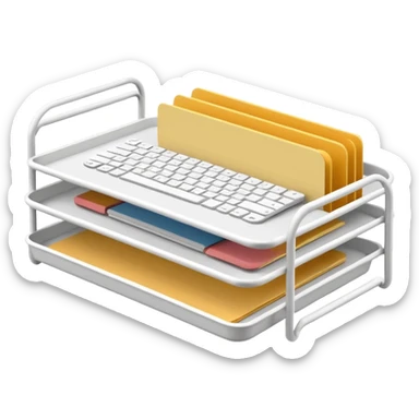 A minimal, clean emoji-style illustration of a white metal desk paper organizer tray, shown in slight isometric view so its structure is readable at a small scale. The organizer is rectangular with rounded corners, made of thin white metal wires, forming two to three stacked horizontal slots. sticker