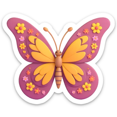 Add beautiful, subtle flower-shaped dust and petals like magical particles around the butterfly. Maintain the 3D cartoon, elegant, fantasy style with a transparent background. sticker