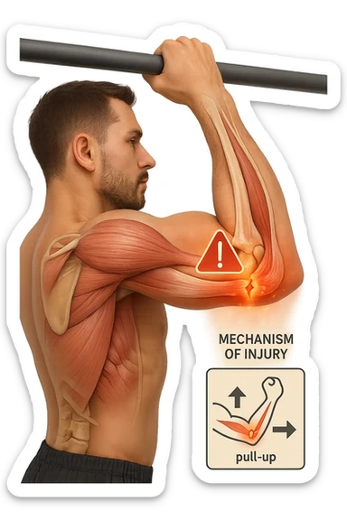 3D, vertical anatomical visualization: close-up of a man’s elbow during a pull-up, with the internal anatomy visible. A clear rupture or lesion is shown in the tendon or ligament, colored in red and orange. Swelling and inflammation are depicted around the joint. A warning icon and a small infographic explain the mechanism of injury. sticker