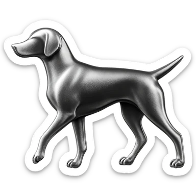               Apply a high-end, photorealistic metallic chrome material to the provided {subject}. The material should have a smooth, slightly curved surface with subtle reflections and soft shadows, resembling brushed or polished silver metal. Preserve the exact shape, proportions, and design of the original object. Set it against a solid black background (#000000) in 8K resolution. The lighting should enhance the beveled edges and reflective highlights, creating a sleek, premium finish. {subject} = dog pointing left sticker