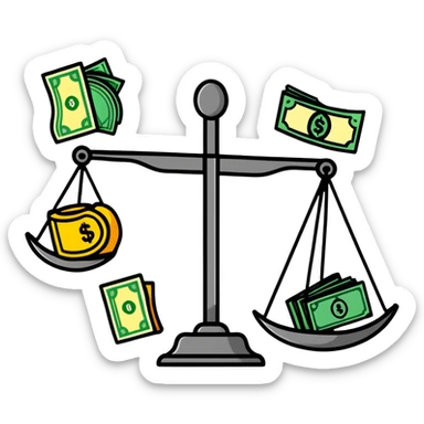 A balanced scale with money and dollar signs on one side and three colorful stars on the other side sticker