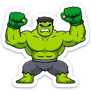 Hulk smashing with fists raised, green muscular superhero breaking ground, action pose, dynamic movement, angry expression sticker