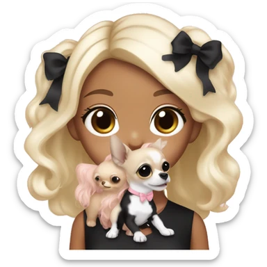 black blonde girl with long platinum black wavy hair with bright brown eyes and wearing a light pink hair bow holding a black and white long haired chihuahua puppy also wearing a hair bow sticker