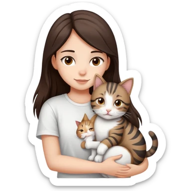 a girl with long dark brown hair, in a
white T-shirt and brown eyes, hugs a tabby
dark grey and white strips one cat sticker