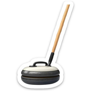 An icon showing a close-up of a curling stone sliding across the ice with a broom beside it. The scene is set in a brightly lit stadium, with detailed spectator stands in the background. Transparent background highlights the focus, skill, and atmosphere of the curling sport. sticker