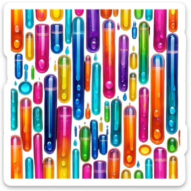 Create an icon that represents decorative arts using epoxy resin in tubes. The design should feature colorful tubes of resin, including fluorescent resin tubes, with visible drops or strokes of resin being applied to create intricate designs. Include examples of finished resin jewelry or decorative pieces, such as pendants, rings, or abstract art. The composition should feel vibrant and artistic, highlighting the creative and glowing nature of resin crafting. The background should be transparent. sticker