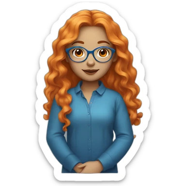 A girl with orange long wavy hair, blue glasses and a blue blousse sticker