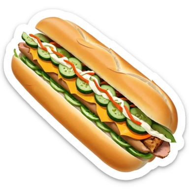 traditional banh mi with char grilled pork emoji 


    Very crusty baguette

    Mayo 

    Pickled carrot 

    Cucumber, coriander/cilantro, green onion, chilli 
 sticker