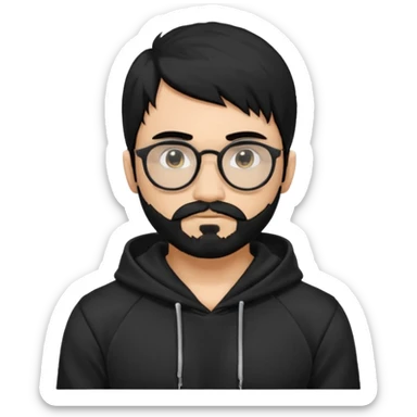 Man, hispanic skin, black hair, black beard, black mustache black eyes black t hoodie, small nose, long emo hair, muscular , round glasses sticker