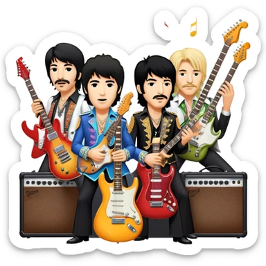 Rock music icon: collage of legendary rock stars—The Beatles, Jimi Hendrix, Elvis Presley, Queen, Nirvana, Led Zeppelin. Electric guitars, amplifiers, and microphones surrounded by vibrant stage lights and musical notes. Transparent background. sticker