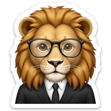 un animal con vestimenta de terno negro y sus lentes de estudio, un animal tierno y que sea el rey de la selva sticker