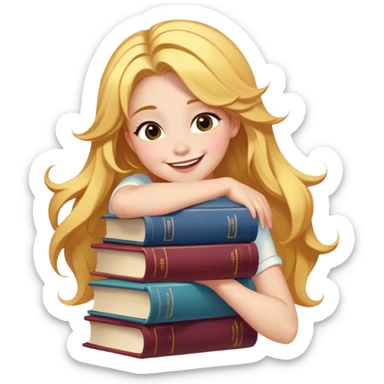 Cinematic Adorable Belle Portrait Emoji, Giggling as she hugs a stack of books, eyes twinkling with excitement, golden hair tousled slightly, a perfect mix of beauty and endearing nerdiness! sticker