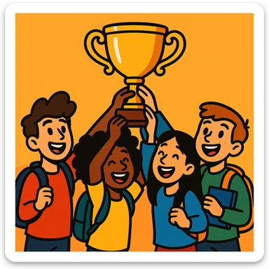 quatre étudiants heureux soulèvent ensemble un trophée, illustration expressive, fond simple, couleurs vives sticker