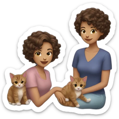 woman with brunette curly short hair playing with two cats sticker