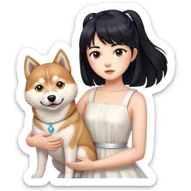 A girl with long black hair, with a few bangs curled to the sides, wearing a white dress and holding a husky and a shiba inu sticker