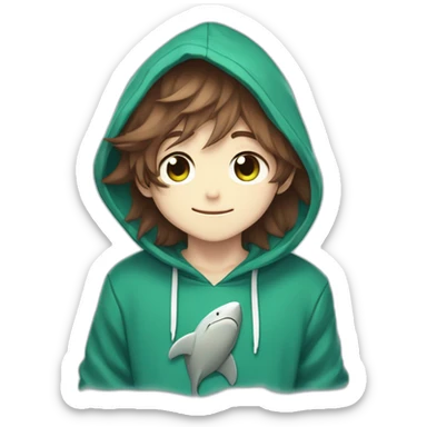 Cute anime boy with long fluffy brown hair and brown fluffy ears wearing a blue shark hoodie with emerald green eyes waving hi sticker