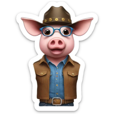 A pig with a cow boy's hat, with blue glasses and with a youtube in his chest sticker