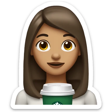 girl with a tan,straight brown hair with curtain bangs, with a mole on the left side of her face holding a starbucks christmas cup sticker