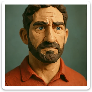 portrait inspired by Gerard Butler, face narrower and forehead slightly larger, claymation style, different lighting sticker