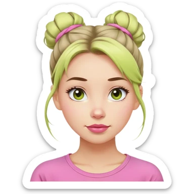 Woman cute, hair in messy bun, sky eyes, tight lime shirt, pink lips, slight smile sticker