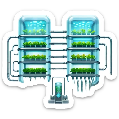 Exterior view of a futuristic hydroponic farm with glowing neon pipes and transparent water channels, sleek buildings shaped like nutrient tanks, vegetables and wheat growing in vertical layers, surreal atmosphere, emoji-style, cartoony sticker